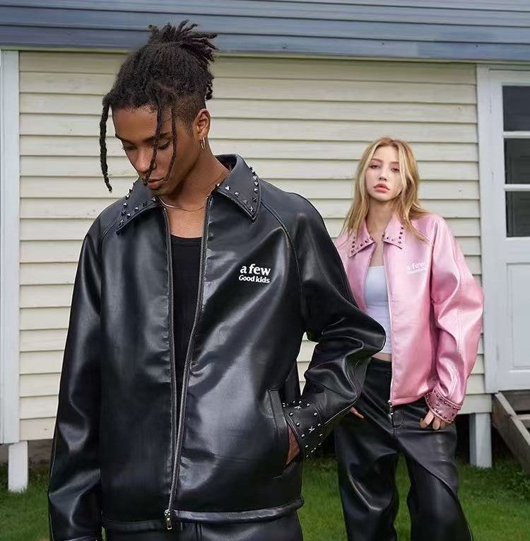 AFGK Glossy Studded Zippered Leather Jacket