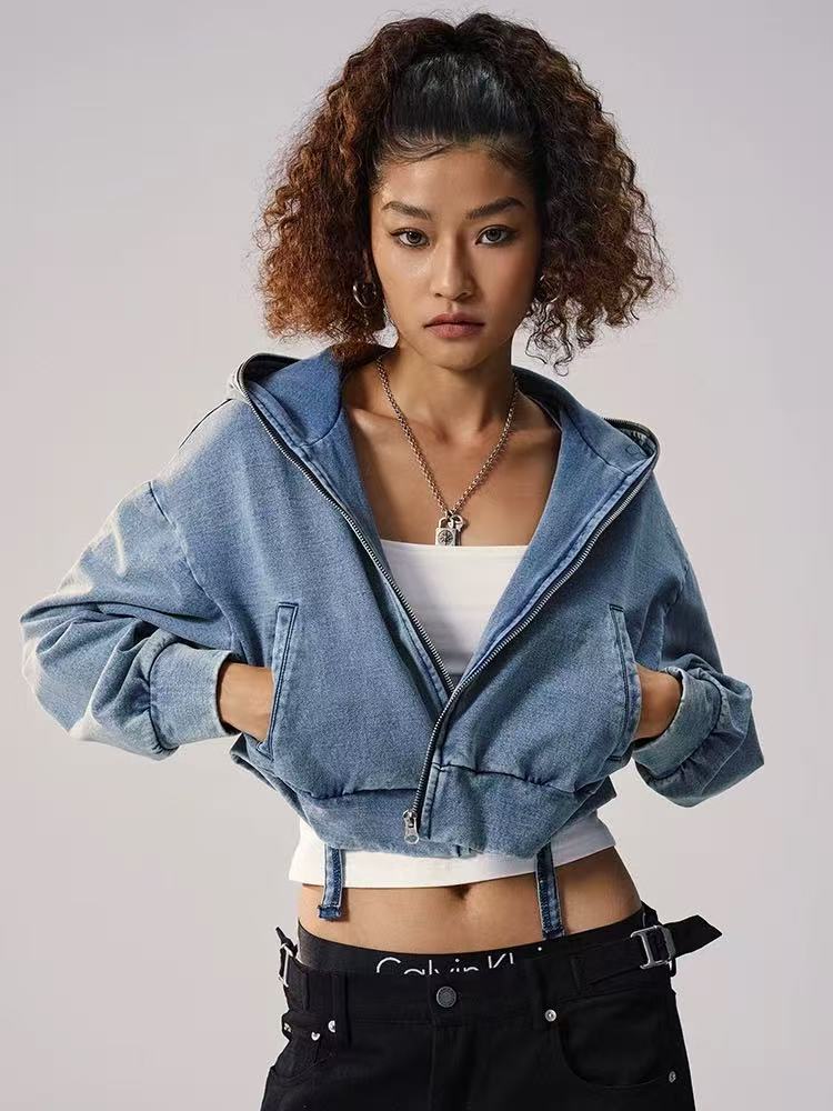 REMEDY Retro Distressed Washed Denim Backpack Hooded Jacket (For Women)