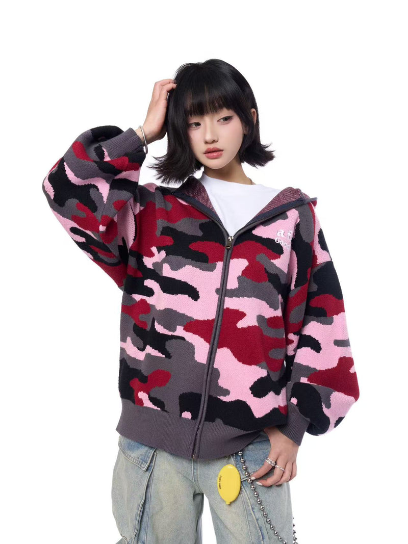 AFGK Pink Camouflage Hooded Cardigan Sweater