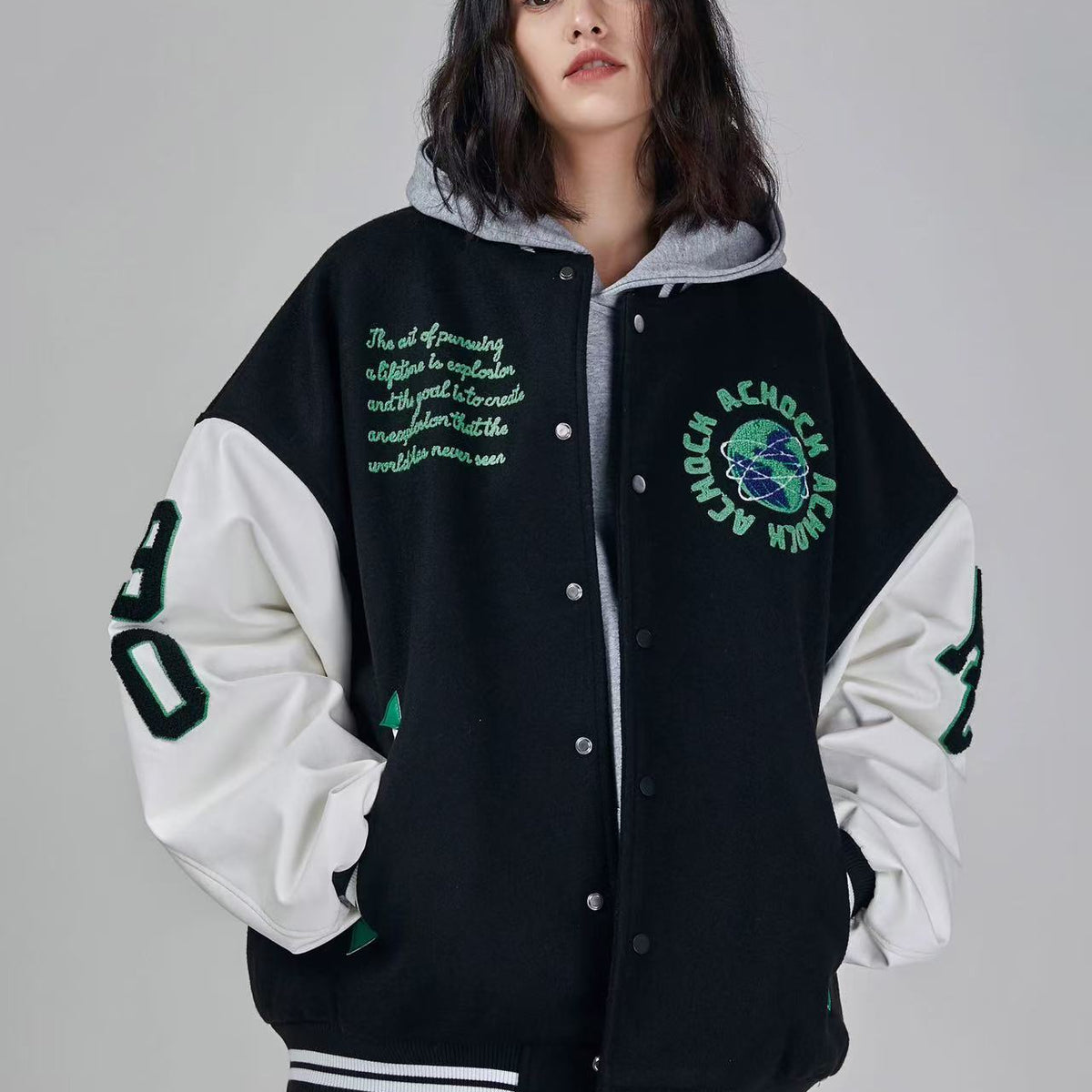 ACHOCK Green Earth Embroidered Baseball Jacket