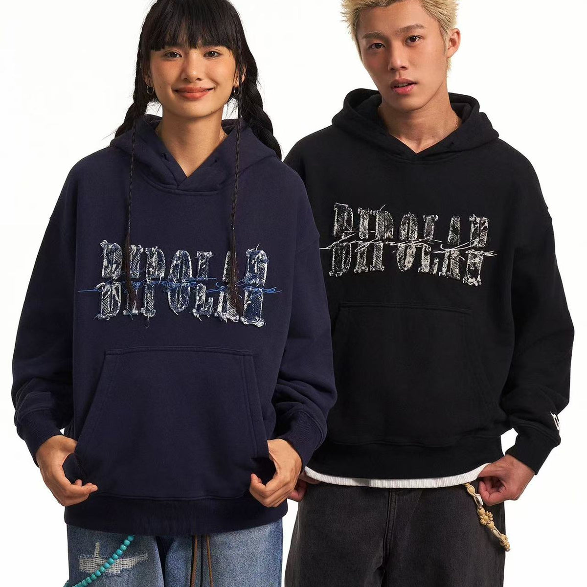 BIPOLAR Destroyed and Torn Creative Design Denim Patch Hoodie