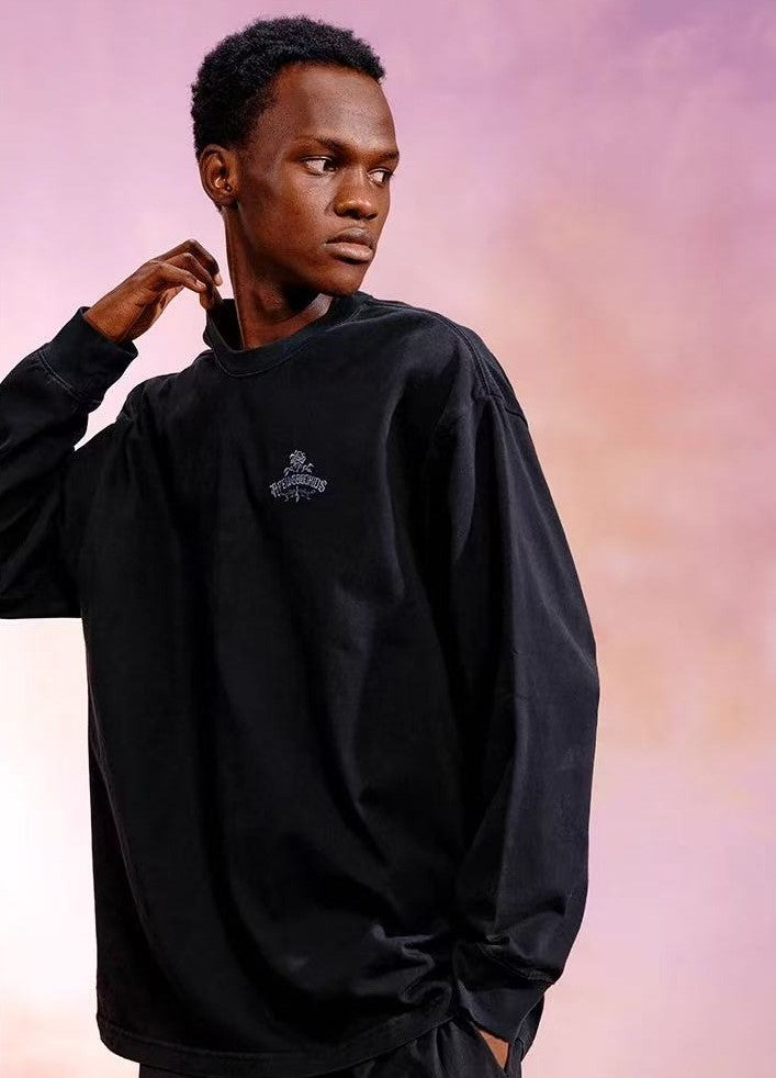 AFGK Sword and Rose Embroidery Washed Long-sleeved T-shirt