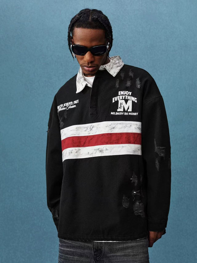 MEDM Contrast Color Striped Polo Long-sleeve T-shirt