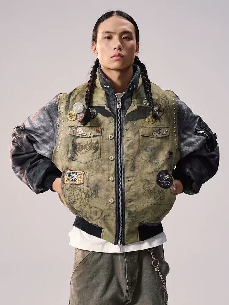 REMEDY Washed Printed Patchwork Bomber Jacket