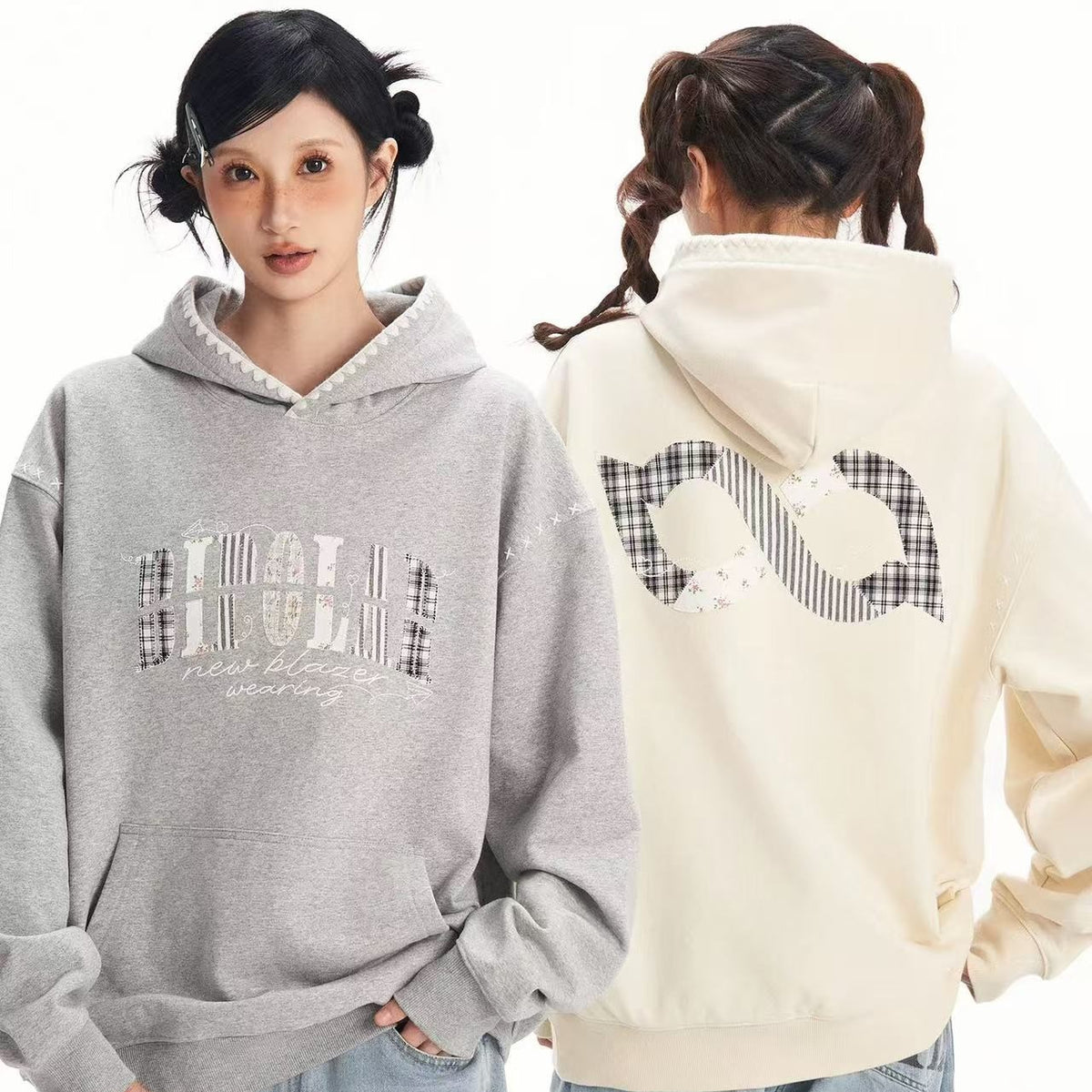 BIPOLAR Floral Striped Patchwork Shell Embroidered Hoodie