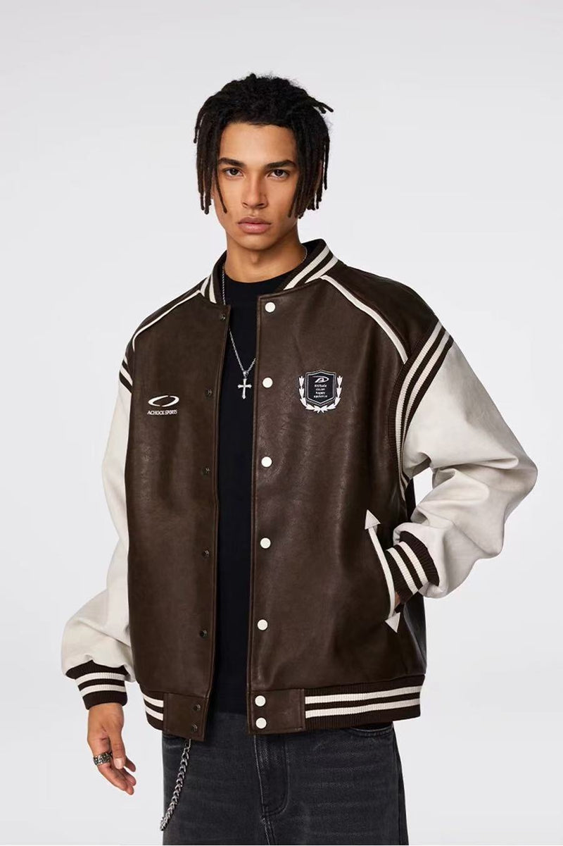 ACHOCK Logo Embroidered Retro Color Block Baseball Leather Jacket