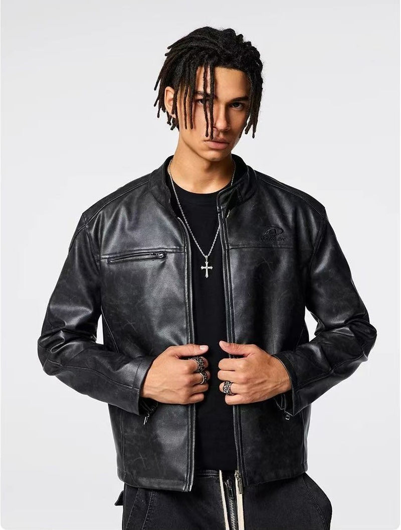 ACHOCK Stand Collar Slim Fit Leather Jacket