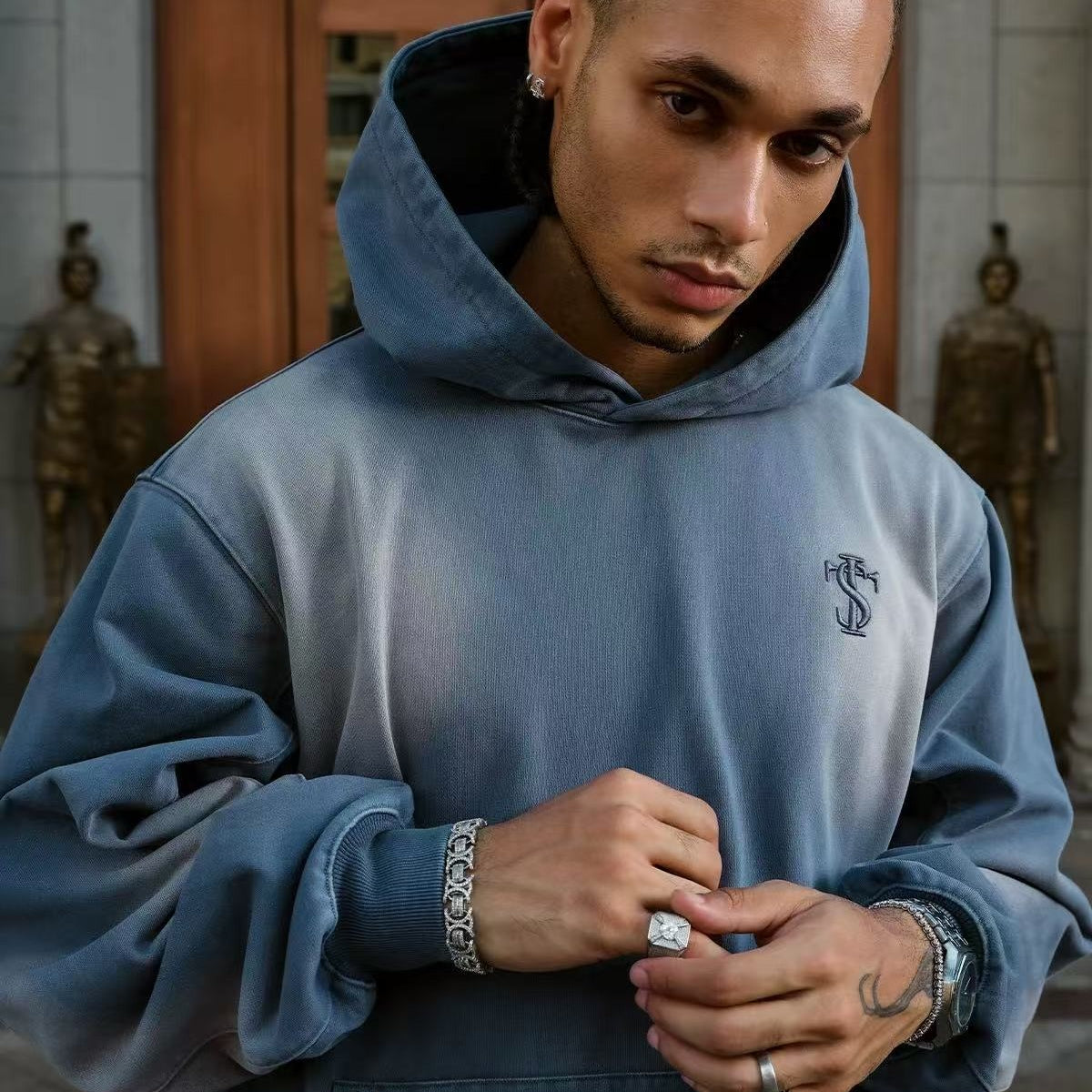 STK Double Pouch Rivet Pocket Wash Hoodie