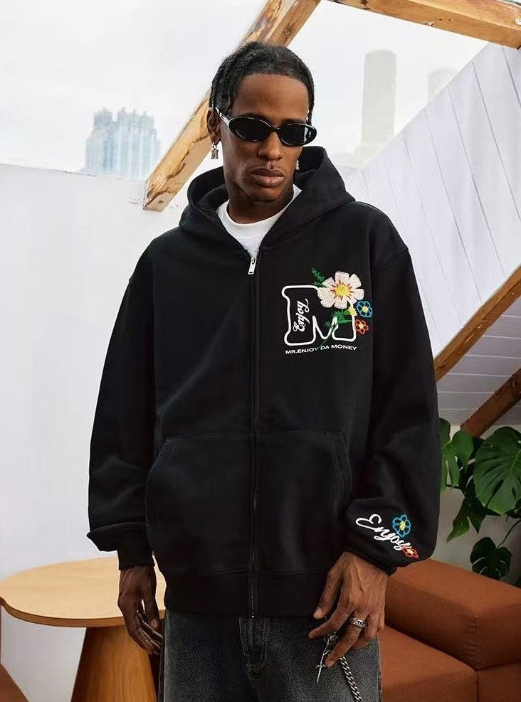 MEDM Chain Embroidered Flower Large M Zipper Hoodie