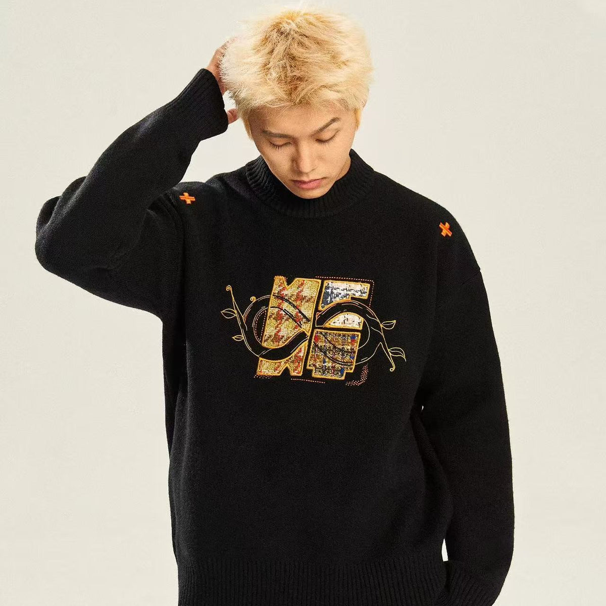 BIPOLAR×NSTNEW Logo Design Black Crew Neck Sweater