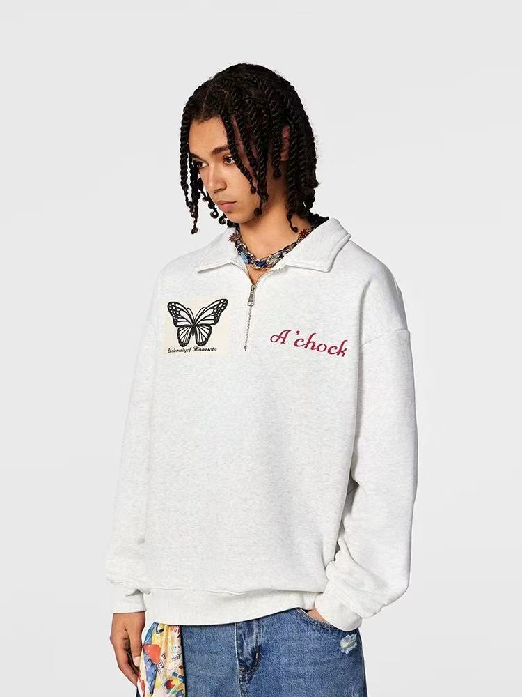 ACHOCK Butterfly Appliqué Polo Zipper Sweatshirt