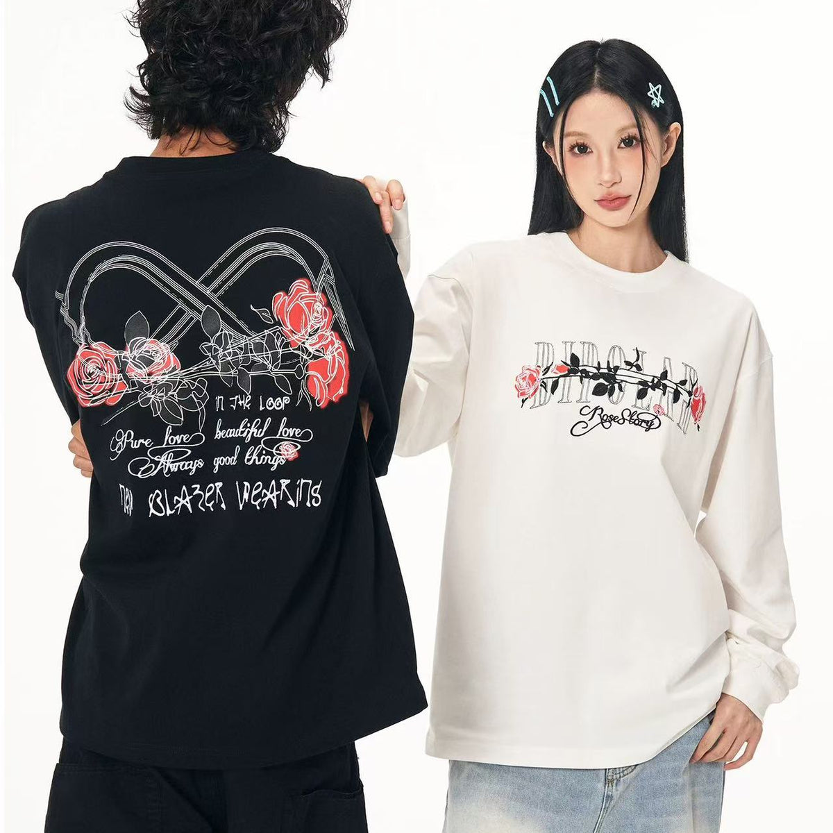BIPOLAR Neon Rose Embroidered Long-sleeves T-shirts