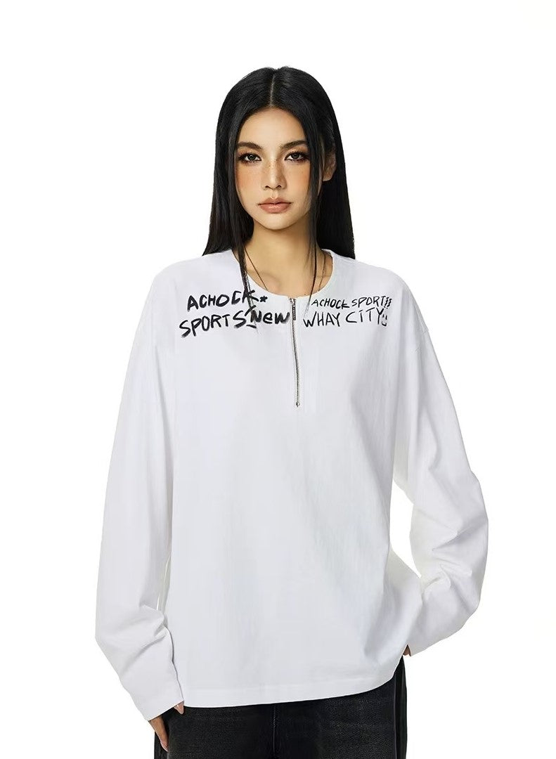 ACHOCK Henley Collar Monogram Half-zip Long-sleeved T-shirt
