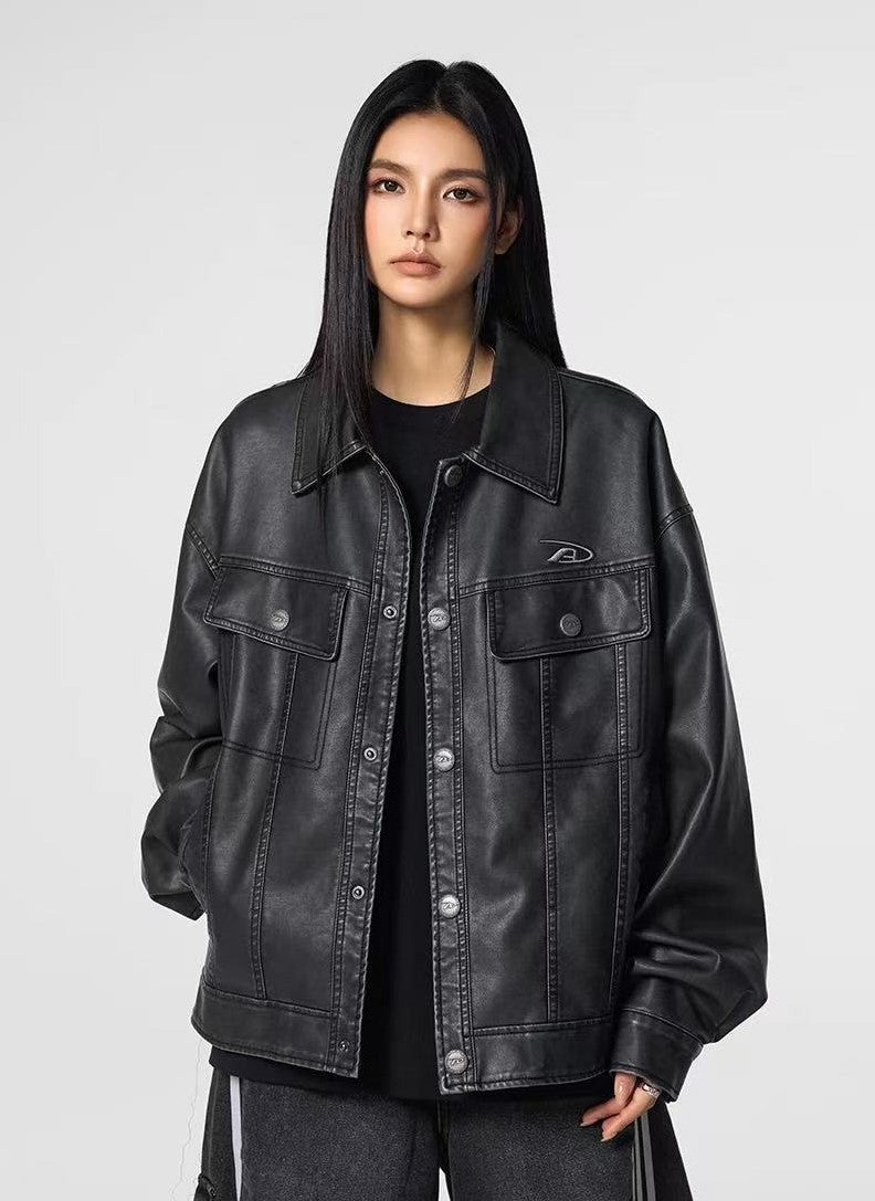 ACHOCK Vintage Washed Lapel Leather Jacket