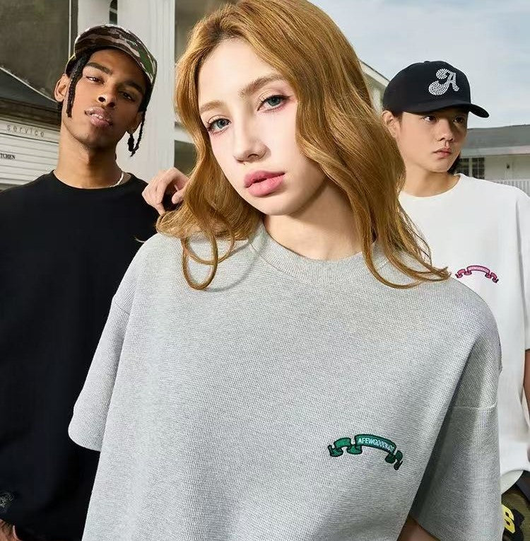 AFGK Waffle Ribbon Embroidered Short-sleeves T-shirt