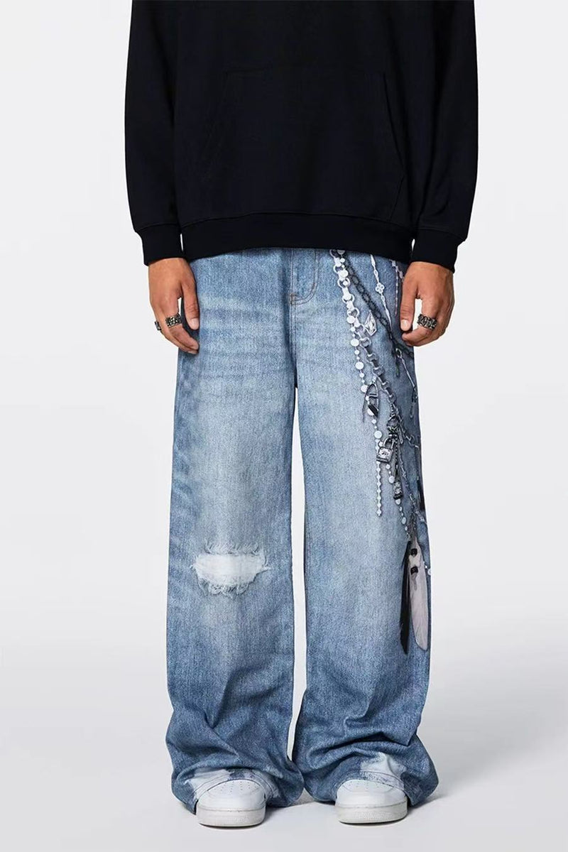 ACHOCK 3D Chain Printed Loose Jeans