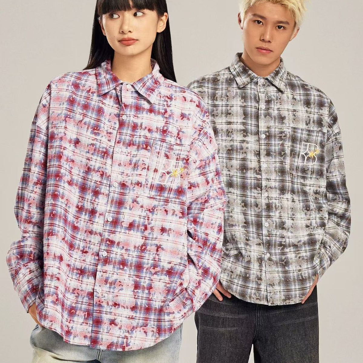 BIPOLAR Retro Floral Letter Embroidered Tie-dye Plaid Shirt
