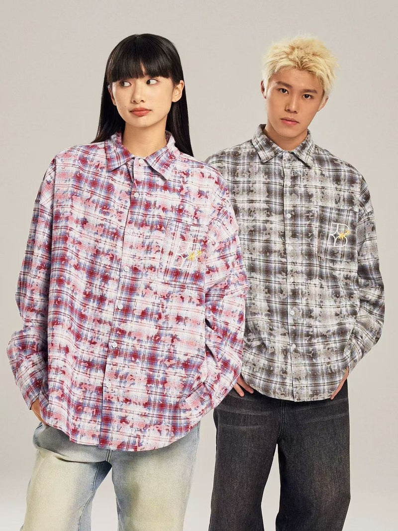 BIPOLAR Retro Floral Letter Embroidered Tie-dye Plaid Shirt