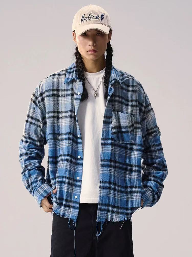 REMEDY Washed Gradient Long-sleeved Plaid Shirt