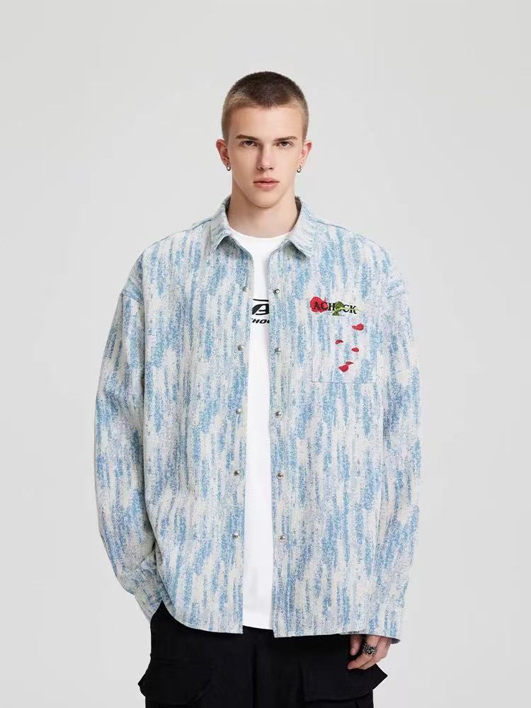ACHOCK Rose Embroidery Washed Distressed Long-sleeve Shirt