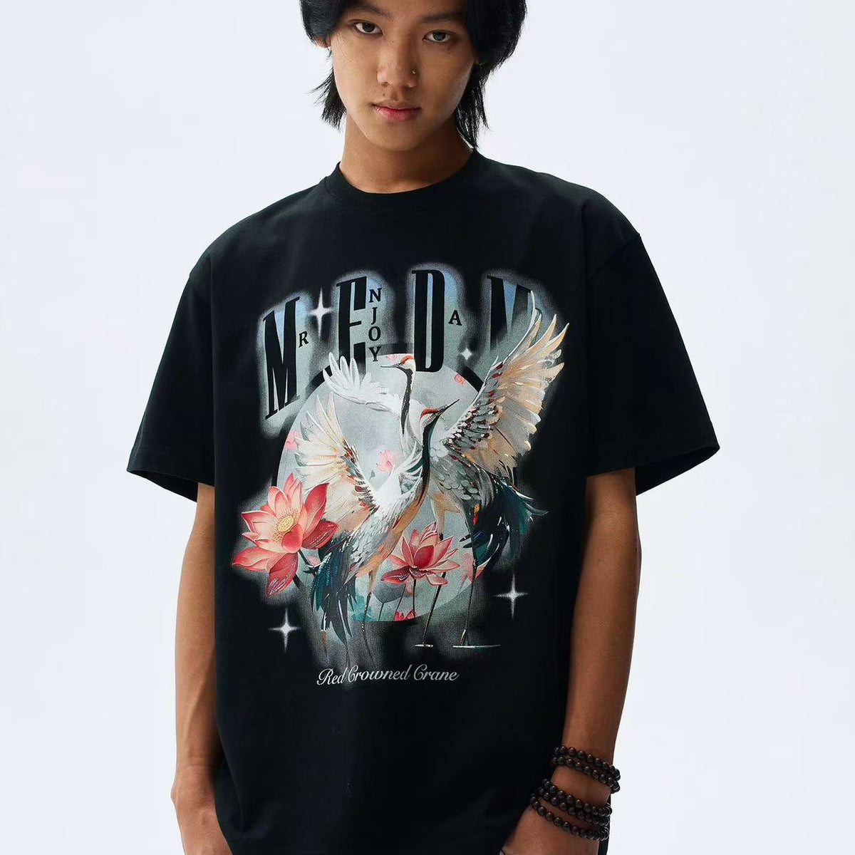 MEDM White Ink Crane Printed Short-sleeve T-shirt