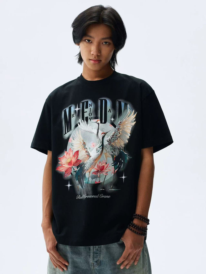 MEDM White Ink Crane Printed Short-sleeve T-shirt