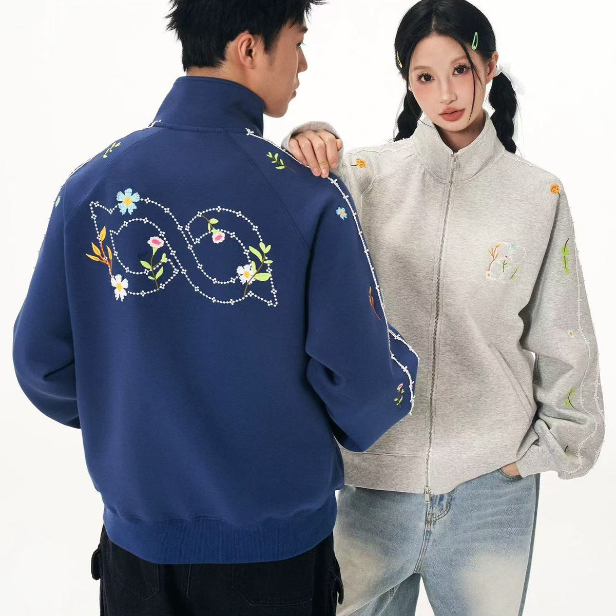 BIPOLAR Floral Embroidered Zipper Sweatshirt