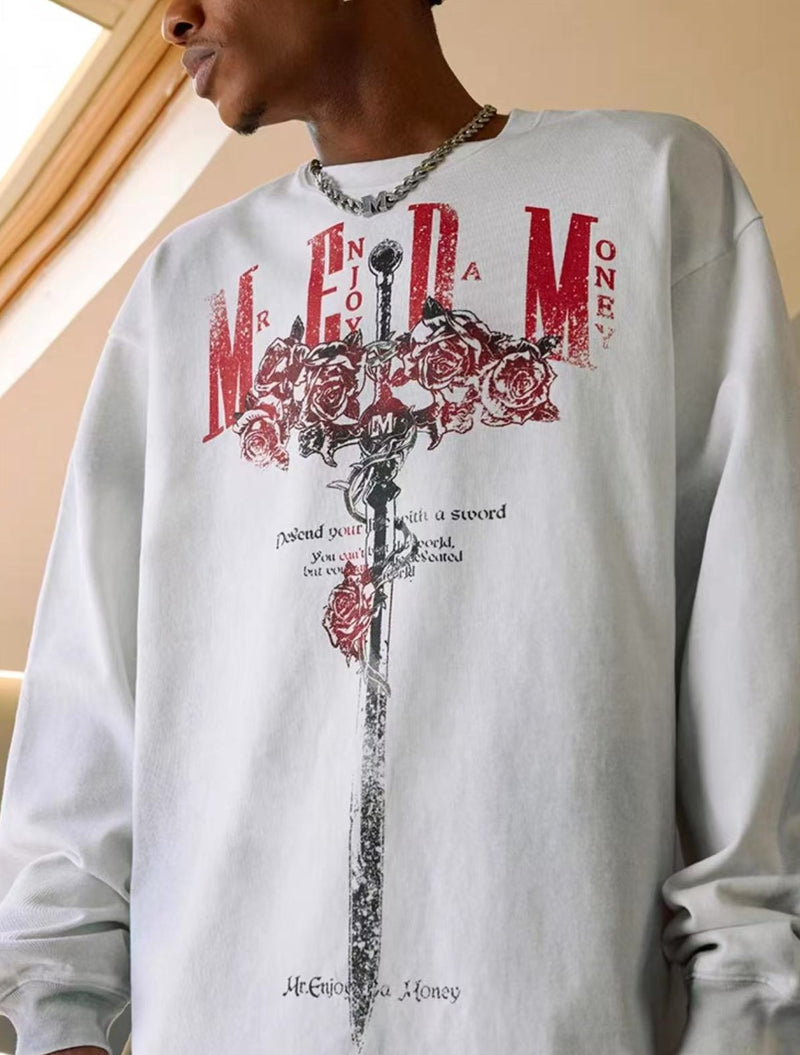MEDM Rose and Sword Washed Long-sleeved T-shirt