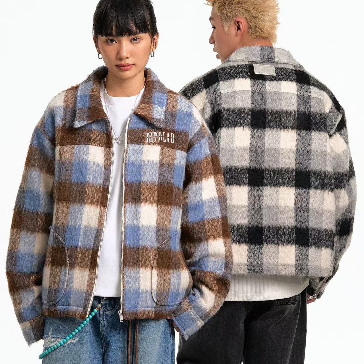 BIPOLAR Plush Plaid Color Block Jacket