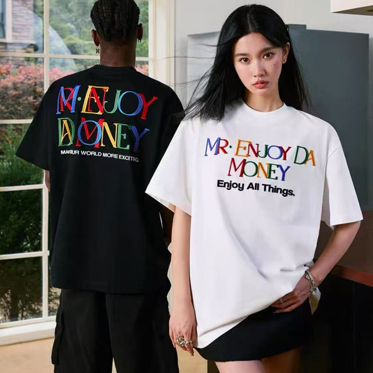 MEDM  Rainbow Letter Embroidered Logo Short-sleeved T-shirt