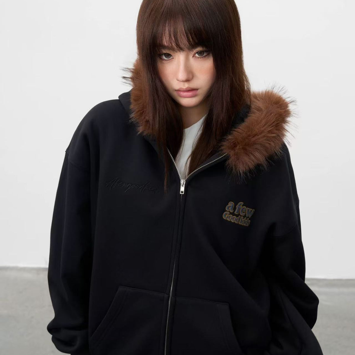 AFGK Retro Fur Collar Embroidered Hooded Cardigan Sweatshirt