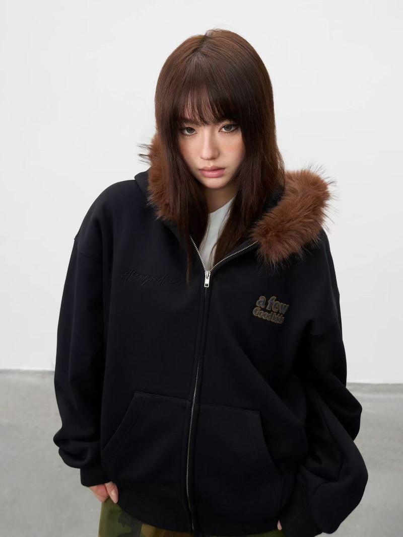 AFGK Retro Fur Collar Embroidered Hooded Cardigan Sweatshirt