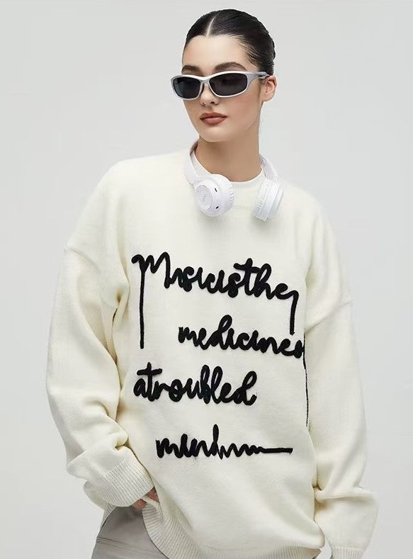 ACHOCK Embroidered Monogram Letter Pullover Sweater