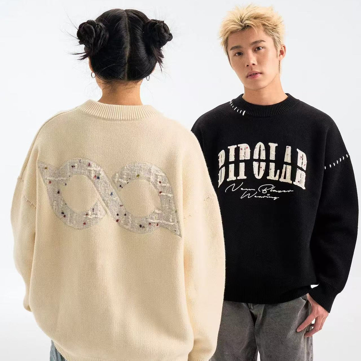 BIPOLAR Patch Embroidered Round Neck Pullover Sweater