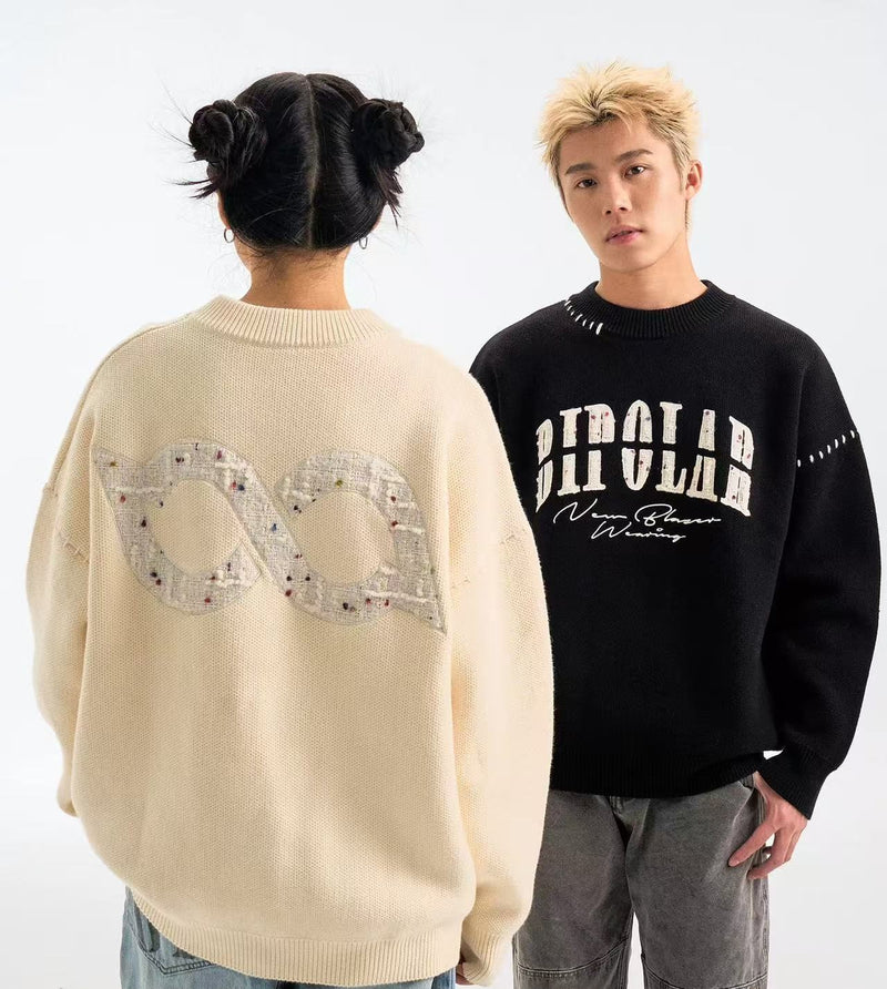 BIPOLAR Patch Embroidered Round Neck Pullover Sweater