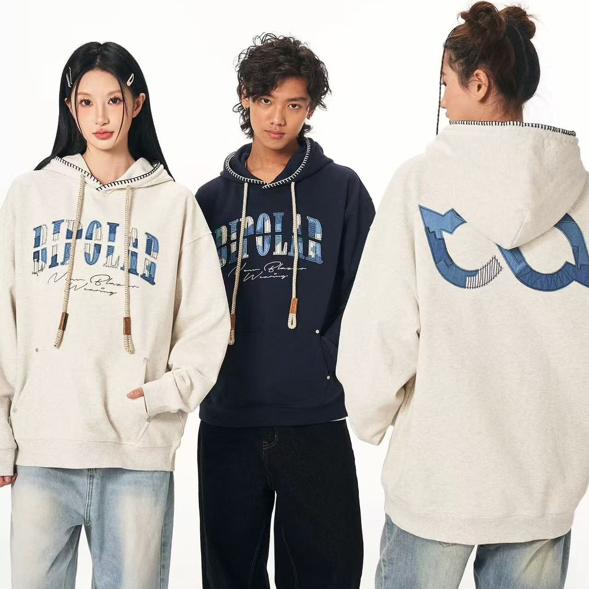 BIPOLAR Denim Striped Patch hoodie