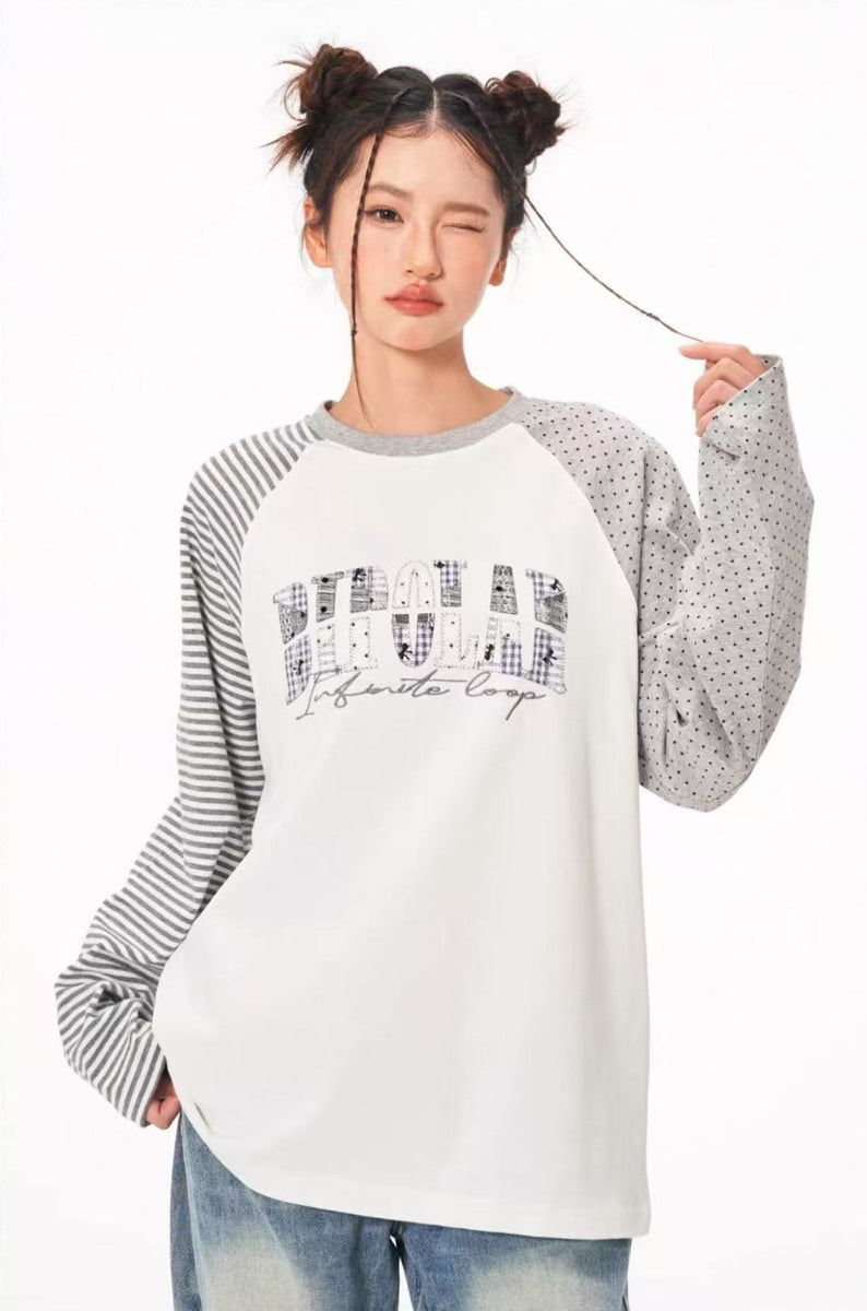 BIPOLAR  Polka Dot Striped Raglan Long-sleeves T-shirts