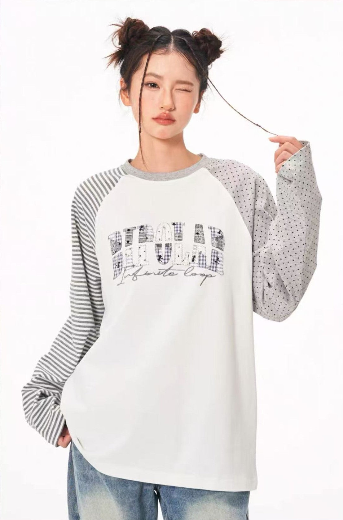BIPOLAR  Polka Dot Striped Raglan Long-sleeves T-shirts