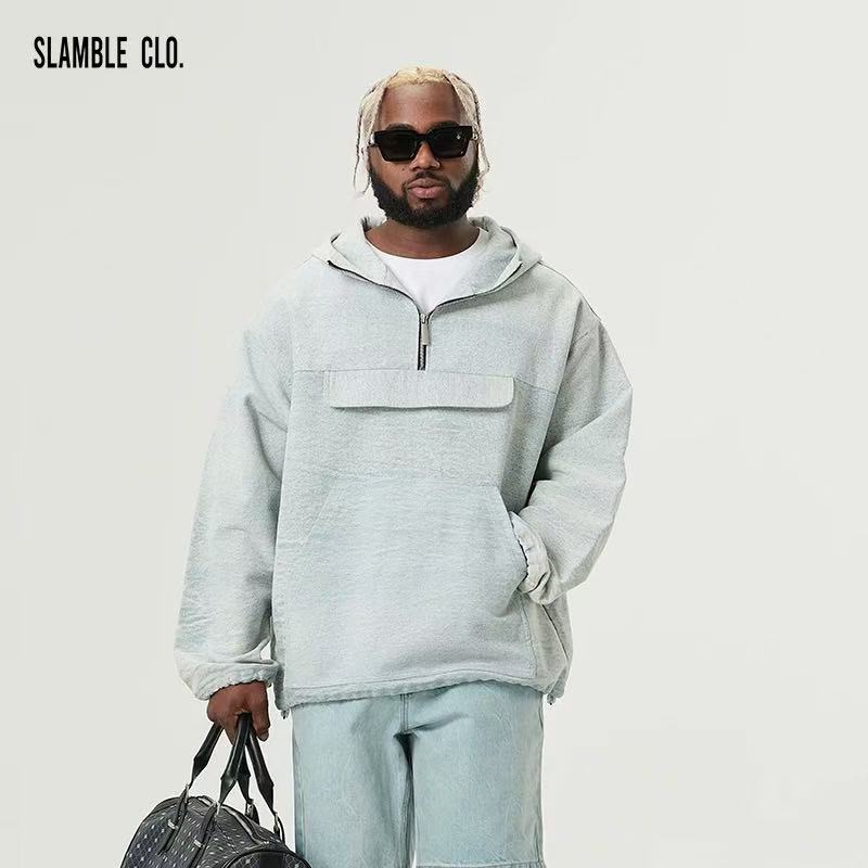 SLAMBLE Washed Half-zip Casual Trendy Hoodie