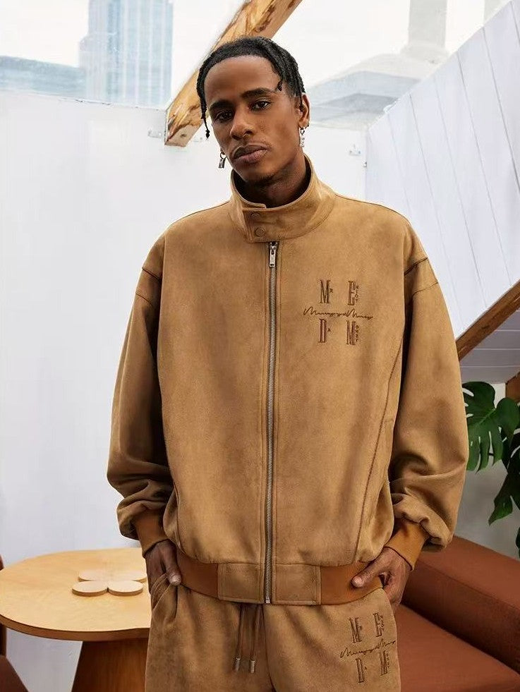 MEDM Stand Collar Suede Paneled Jacket