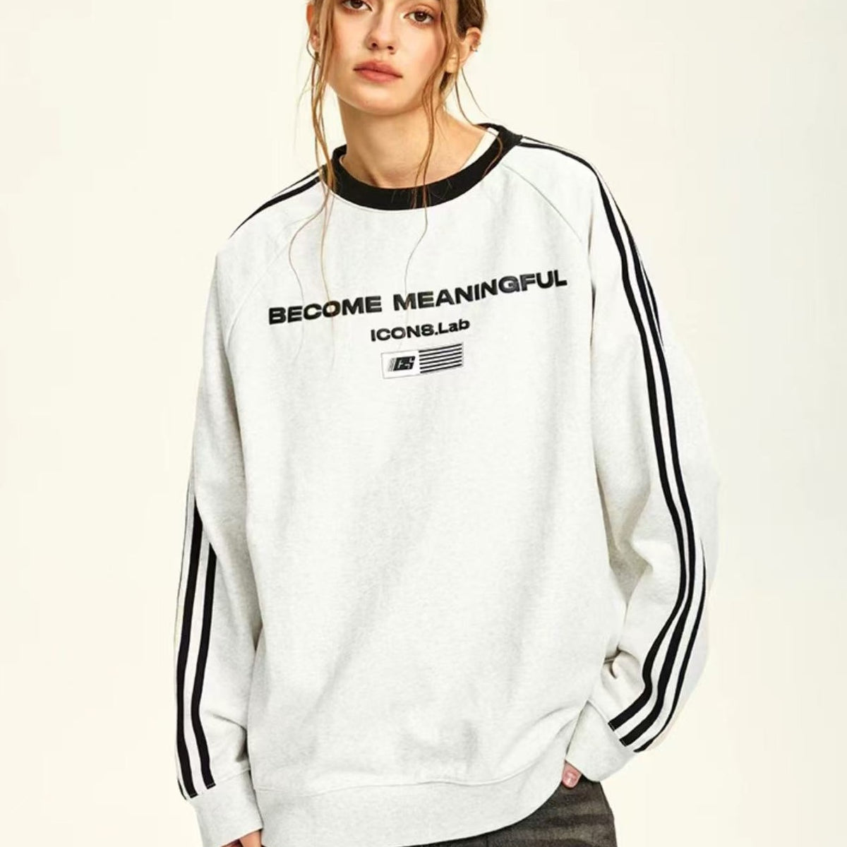 ICONSLAB Contrast Color Three stripes Web Foam Printed Sweatshirt