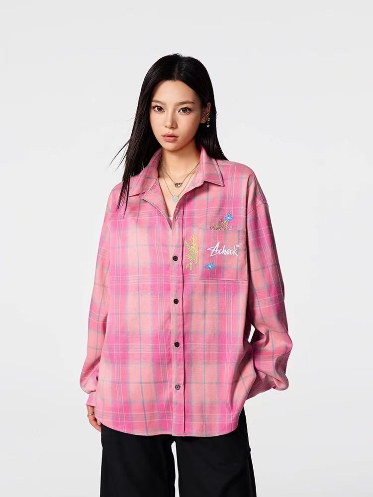 ACHOCK Vintage Floral Embroidered Plaid Long-sleeve Shirt