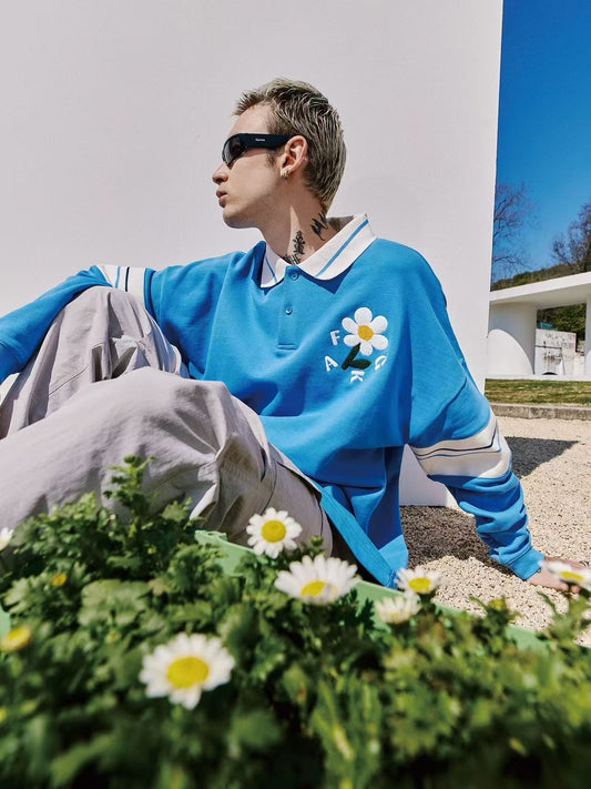 AFGK Small Flower Long-sleeve Polo T-shirt