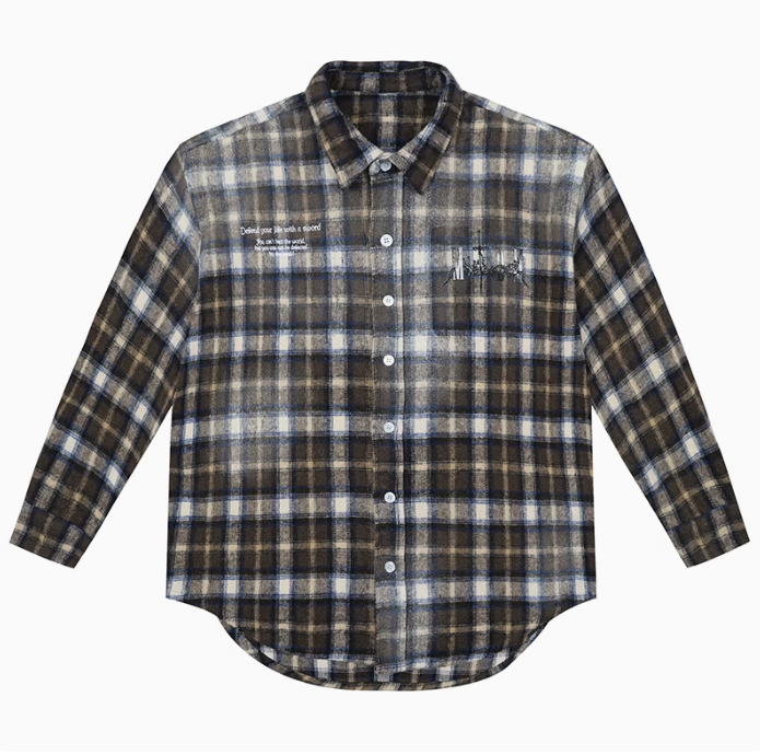 MEDM Washed Distressed Rose and Sword Plaid Long-sleeve Shirt