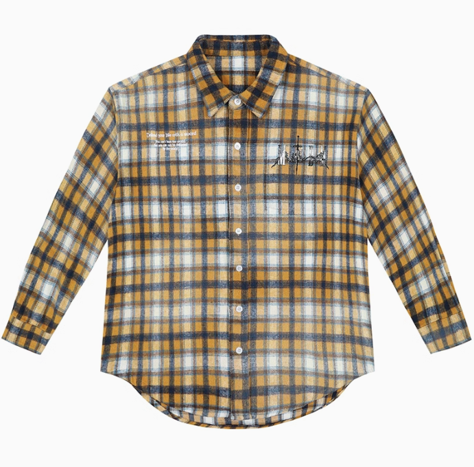 MEDM Washed Distressed Rose and Sword Plaid Long-sleeve Shirt