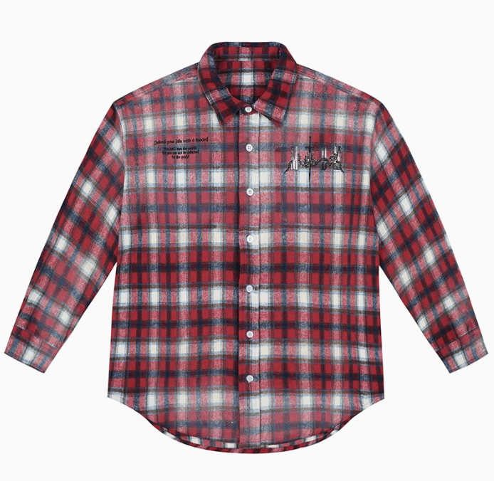 MEDM Washed Distressed Rose and Sword Plaid Long-sleeve Shirt