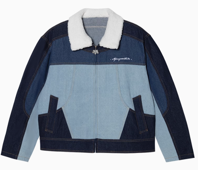 AFGK Spliced Fur Collar Denim Letter Embroidery Jacket