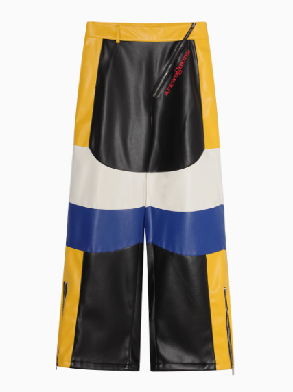AFGK Street Black and Yellow Contrast Zipper Leather Pants