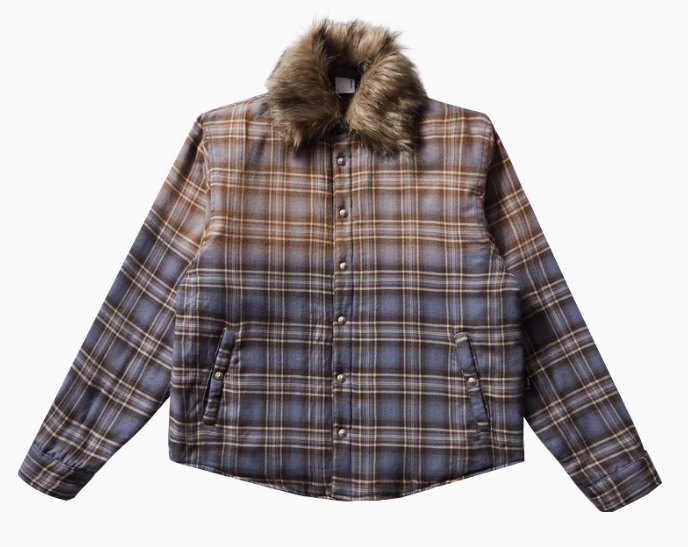 REMEDY Thickened Gradient Distressed Plaid Fur Collar Cotton Coat