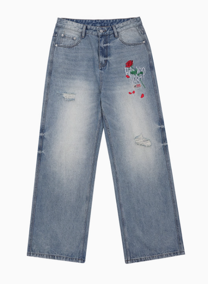 FDR Rose Embroidered Ripped Jeans